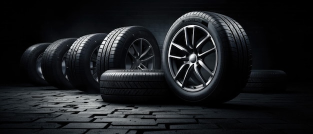 New Car Tires Against Dark Background Auto Parts Advertisement