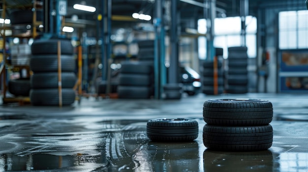 New car tires take center stage with selective focus providing a clean backdrop and copy space