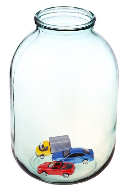 New cars in big open glass jar