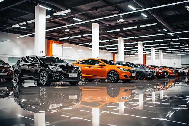 New cars parked in row on parking