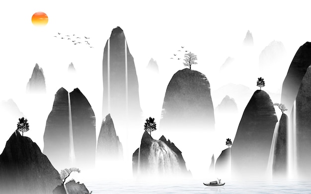 新しい中国の芸術的な概念の抽象的なインクの風景の背景の壁