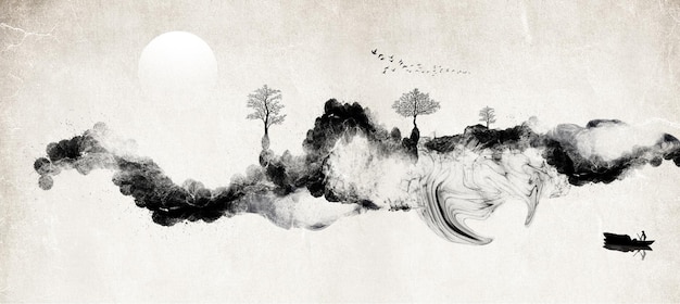 写真 新しい中国の芸術的な概念の抽象的なインクの風景の背景の壁