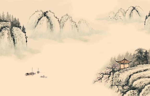 Photo new chinese style artistic conception abstract ink painting landscape background wall mural