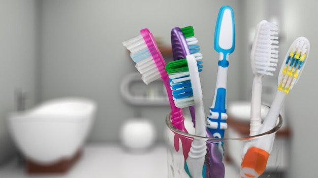 New Colorful Toothbrushes in Glass close-up view