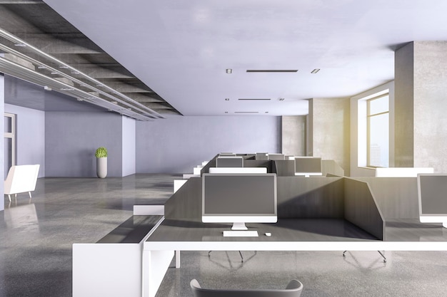 Новый бетонный коворкинг интерьер офиса с окнами и мебельными приборами и оборудованием с видом на город 3D рендеринг