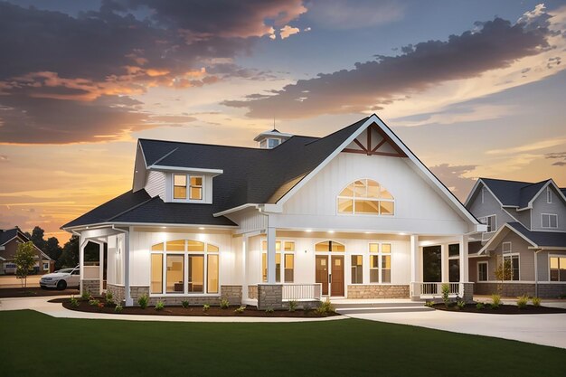 New construction community club house with white covered porch gable roof with semi circle window and dramatic sunset sky