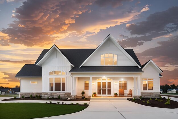 New construction community club house with white covered porch gable roof with semi circle window and dramatic sunset sky