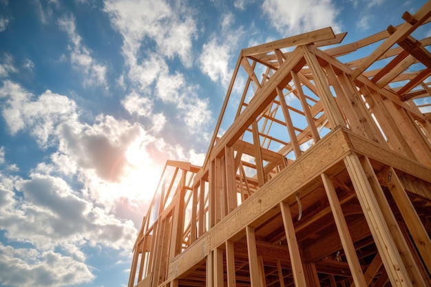 New Construction Home Framing Building a House with Blue Sky Background