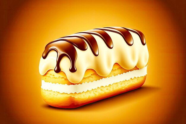 New delicious sweet dessert eclair with cream on light brown background