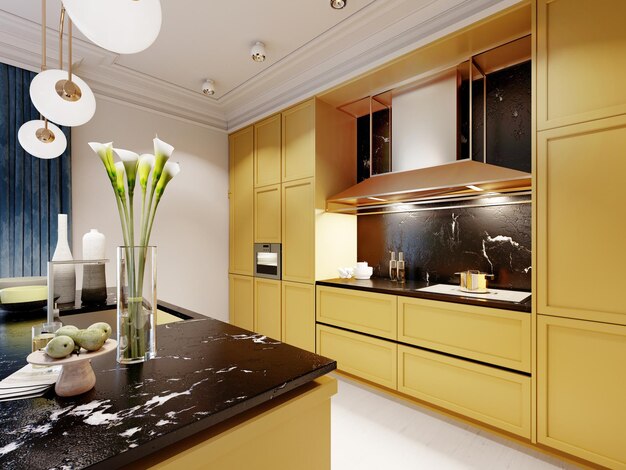 New design pistachio color kitchen with kitchen island. 3D rendering.