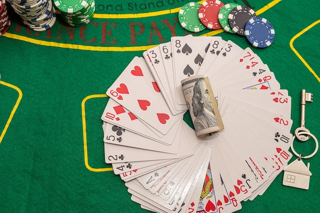New dollars playing cards colored chips scattered on the\
playing green poker table poker concept