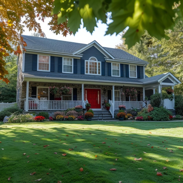 Foto casa a due piani in stile new england con porta rossa e recinzione bianca