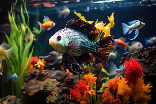 Foto nuovi pesci in un acquario decorato