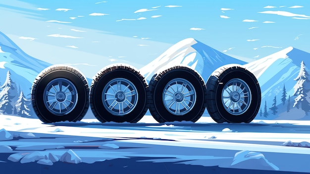 New four winter tires close up in amazing winter snow and ice epic landscape