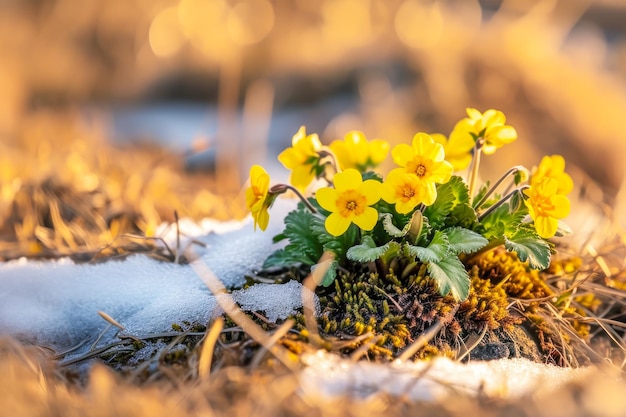 New fresh primroses blossom in beautiful morning with sunlight