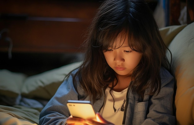New Generation Alpha Kid Using Smartphone in Bed Gen Alpha Digital Native Child Alone with Phone