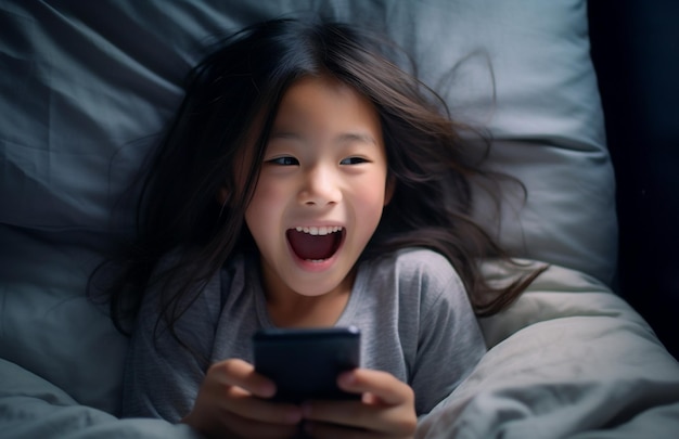 ベッドでスマートフォンを使用する新世代のアルファの子供 一人で電話を持つアルファ世代のデジタル ネイティブの子供