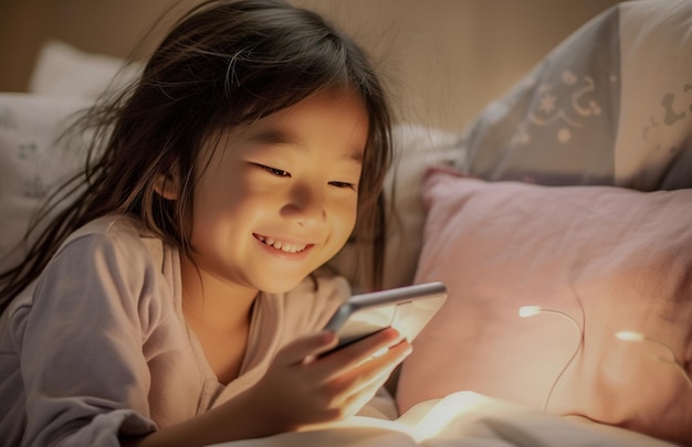 새 세대의 알파 키드가 침대에서 스마트폰을 사용하고 알파 세대의 디지털 네이티브 아이가  ⁇ 드폰으로 혼자