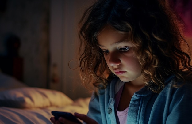 Photo new generation alpha kid using smartphone in bed gen alpha digital native child alone with phone