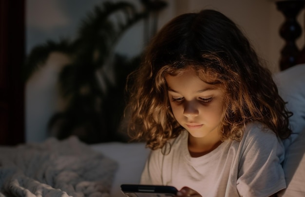 ベッドでスマートフォンを使用する新世代のアルファの子供 一人で電話を持つアルファ世代のデジタル ネイティブの子供