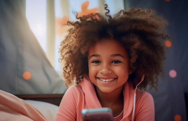 ベッドでスマートフォンを使用する新世代のアルファの子供 一人で電話を持つアルファ世代のデジタル ネイティブの子供