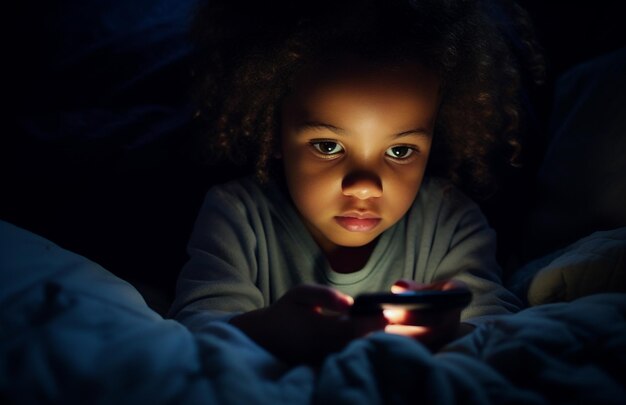 New Generation Alpha Kid Using Smartphone in Bed Gen Alpha Digital Native Child Alone with Phone