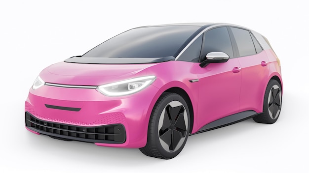新世代のダークピンクの電気都市ハッチバック車、拡張範囲の3Dイラスト