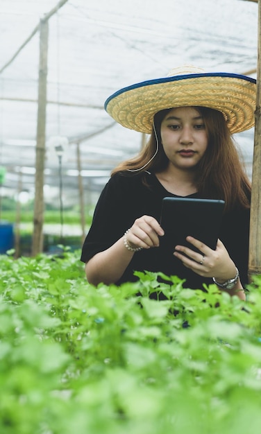 온실, 스마트 팜의 수경 재배 농장에서 태블릿을 사용하는 새로운 세대의 여성 농부.