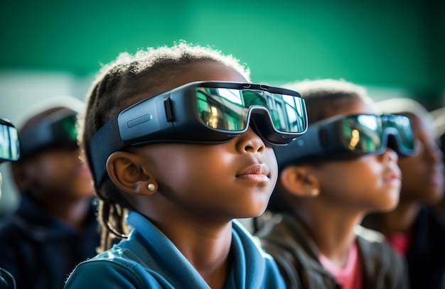 Photo new generation gen alpha kids using vr headsets for learning digital natives at school