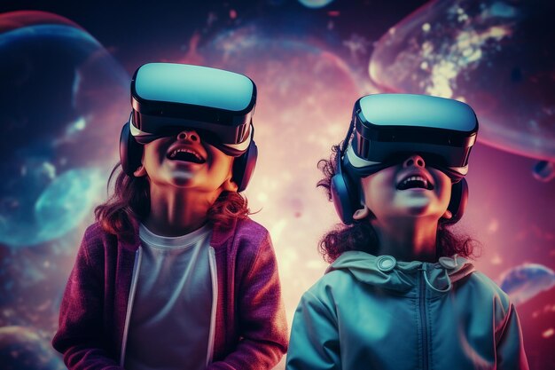 Photo new generation kids using vr headsets to immerse into new vr gaming worlds gen alpha digital native