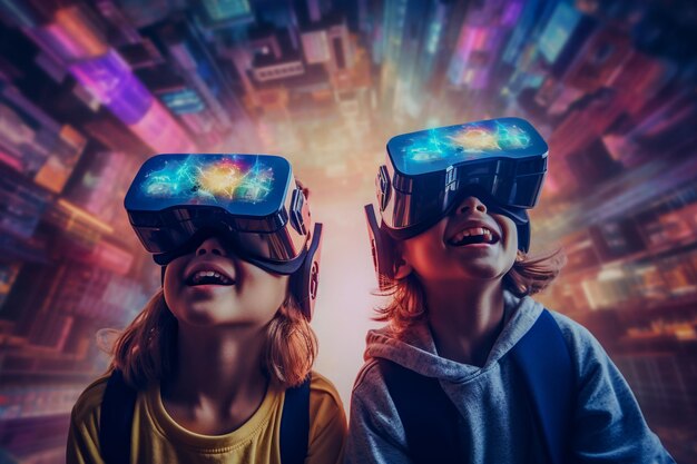 Photo new generation kids using vr headsets to immerse into new vr gaming worlds gen alpha digital native