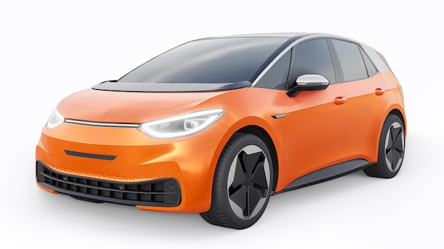 拡張範囲の3Dイラストと新世代のオレンジ色の電気都市ハッチバック車