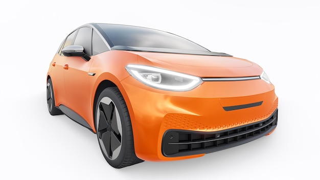 New generation orange electric city hatchback car with extended range 3d illustration