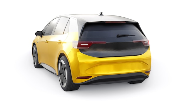 New generation yellow electric city hatchback car with extended range 3d illustration