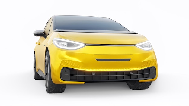 New generation yellow electric city hatchback car with extended range 3d illustration