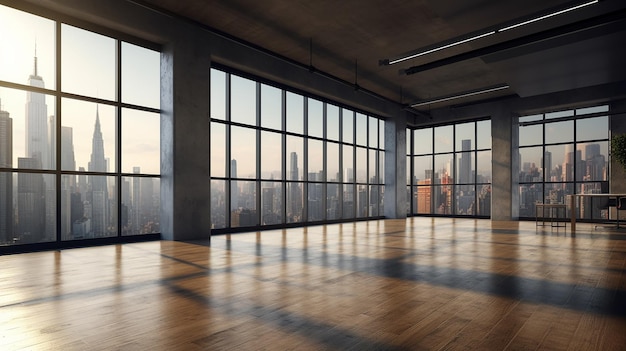 New glass concrete office interior with city view daylight wooden floor furniture and equipment