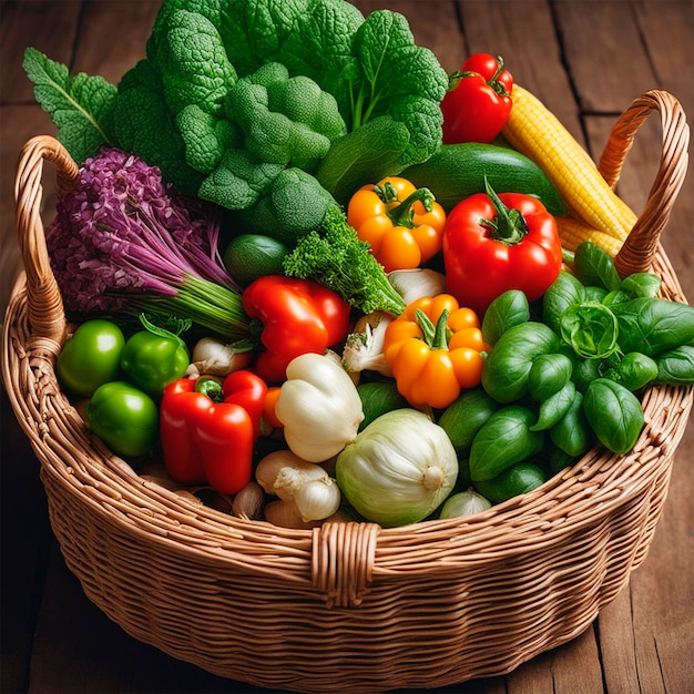 Foto le verdure del nuovo raccolto si trovano in un grande cesto di vimini rotondo