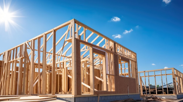 A new home under construction with a blue sky background