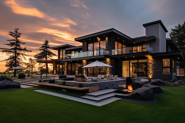 The new home looks stunning as the sun sets displaying its captivating exterior