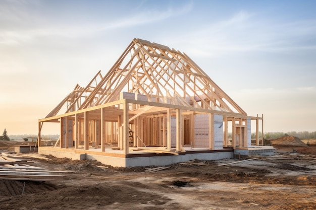 New house under construction Wooden frame with truss post and beams Generative ai