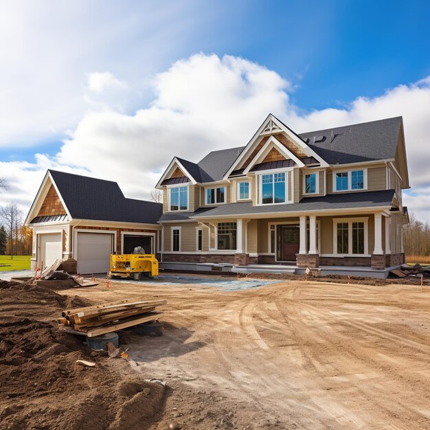 Photo new house with three car garage under construction with beautiful blue sky