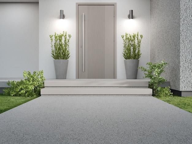 Photo new house with wooden door entrance and empty concrete walkway