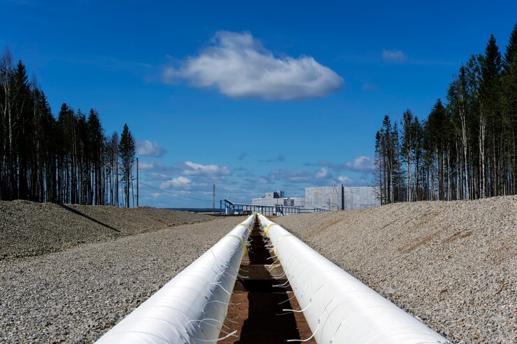 New industrial pipeline with thermal insulation leading to an industrial enterprise