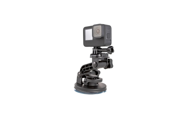 New k action camera on a suction mount in black color isolated white background