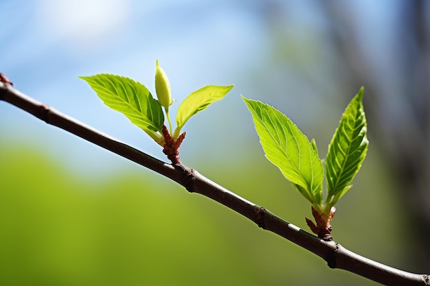 Foto nuove foglie germogliano sull'albero sideview