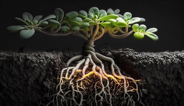 Photo new life sprouts from twisted root macro image generated by ai