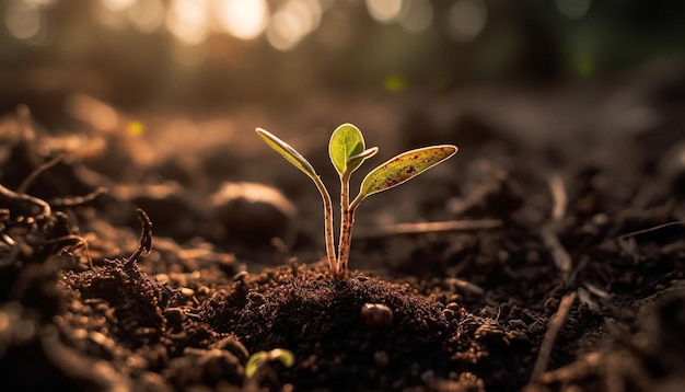 Photo new life sprouts from wet soil showcasing nature fragility generated by artificial intelligence