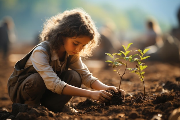 新しい命の若い女の子が木を植える生成AI