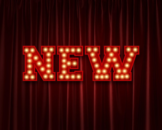 New lightbulb lettering word against a red theatre curtain 3D Rendering