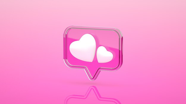 New like social media notification glass icon on pink background 3D Illustration